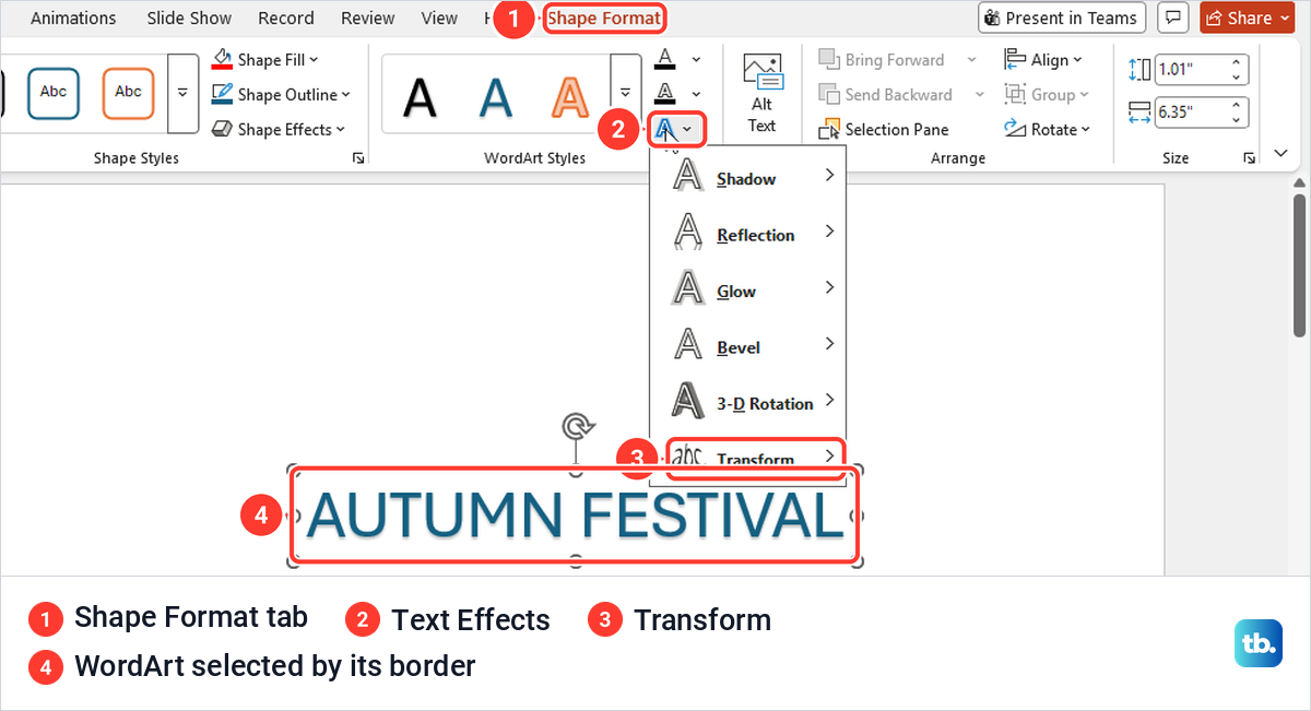 PowerPoint Shape Format tab with the Text Effects menu open above a selected WordArt title.