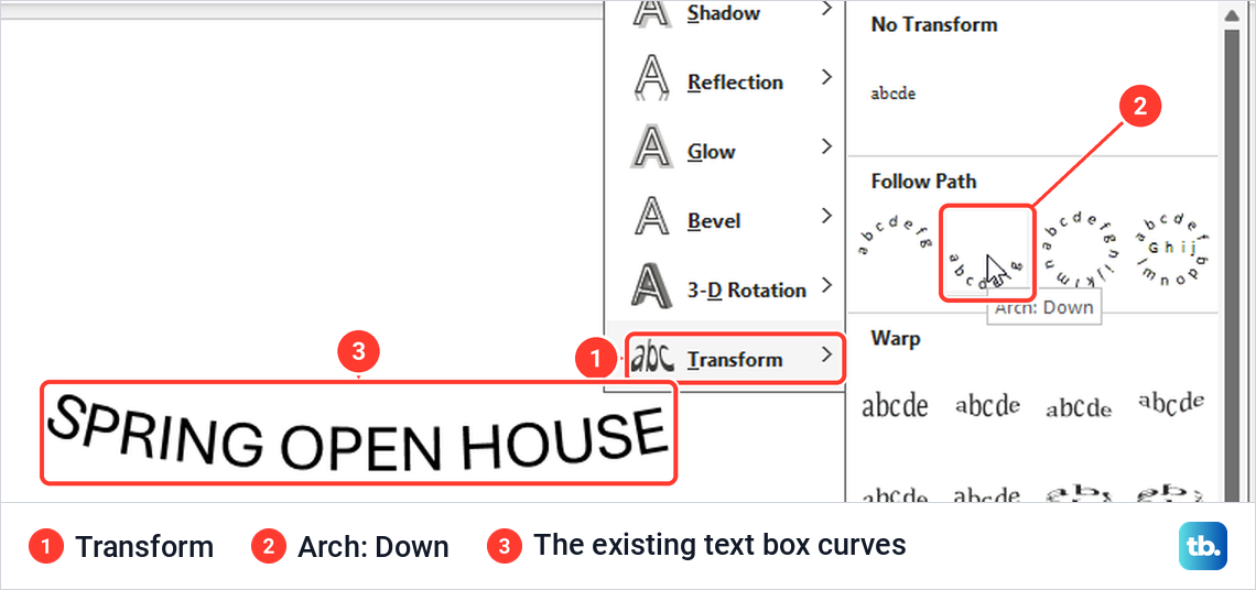A regular PowerPoint text box curved into a bowl shape with the Arch Down preset.