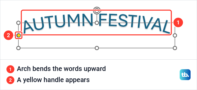 WordArt title AUTUMN FESTIVAL bent into an upward arc in PowerPoint.