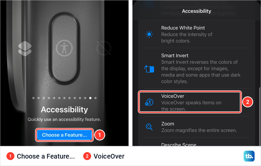 Two iPhone screens side by side. The Accessibility option with a blue Choose a Feature button, and the list of accessibility features with the VoiceOver row marked