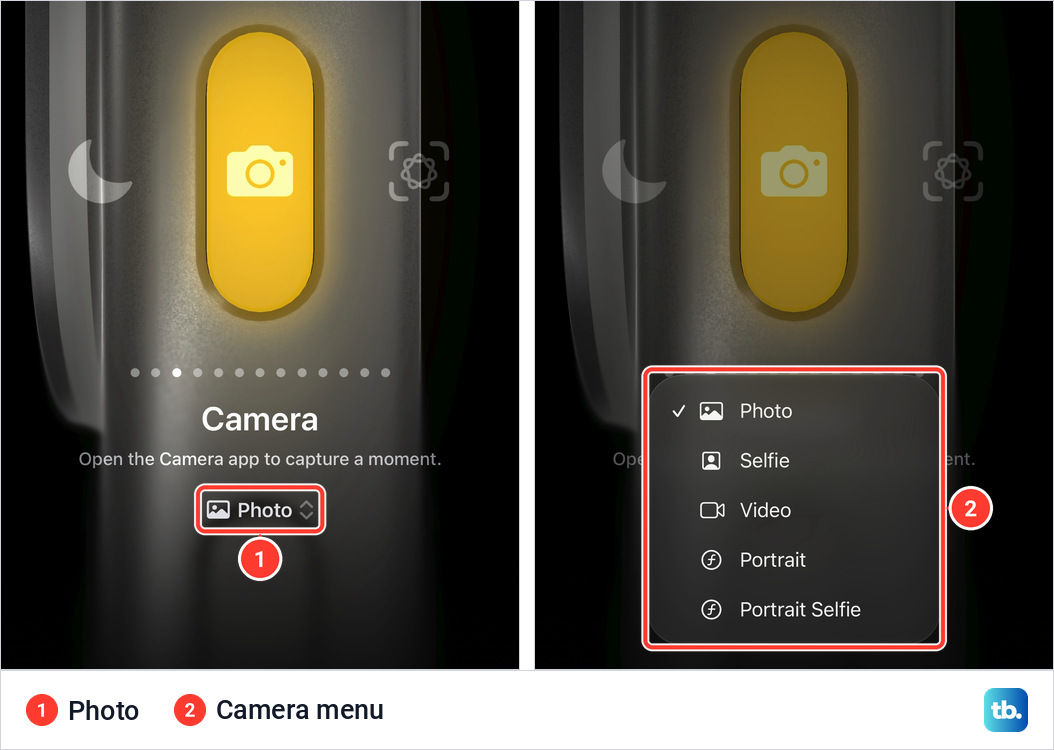 Two iPhone screens side by side. The Camera option with a Photo menu under its description, and the same menu open listing Photo, Selfie, Video, Portrait and Portrait Selfie