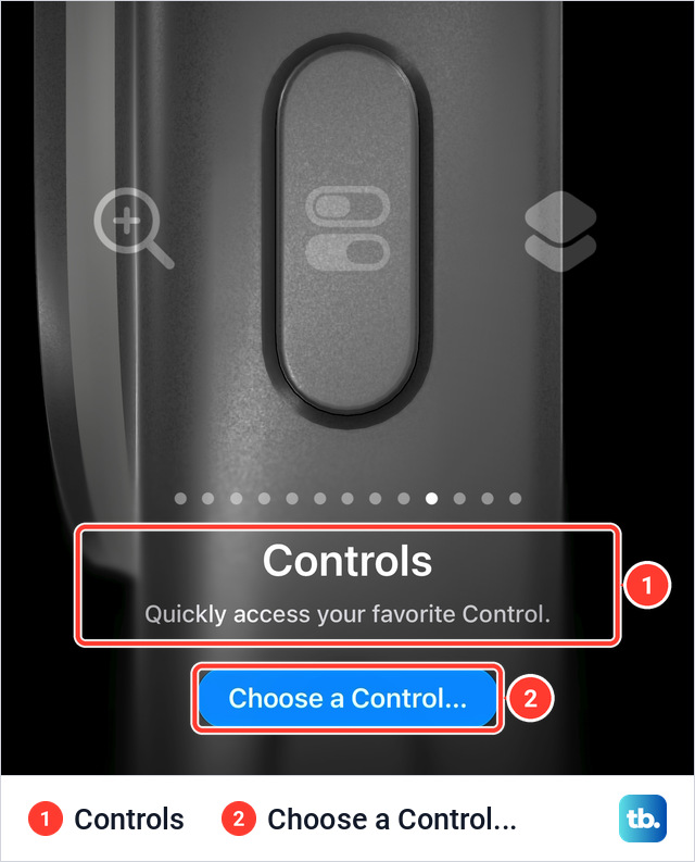 iPhone Action Button screen with a gray button showing two switches, the name Controls above its description, and a blue Choose a Control button