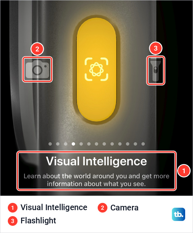 iPhone Action Button screen with a yellow button showing the Visual Intelligence icon, the name Visual Intelligence above its description, a camera icon to the left and a flashlight icon to the right