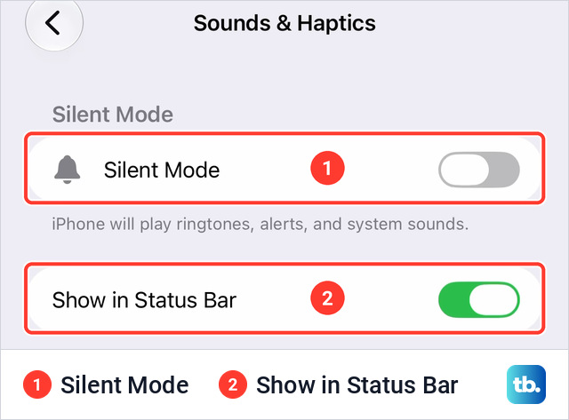 iPhone Sounds and Haptics settings with a Silent Mode switch turned off at the top and a Show in Status Bar switch turned on below it