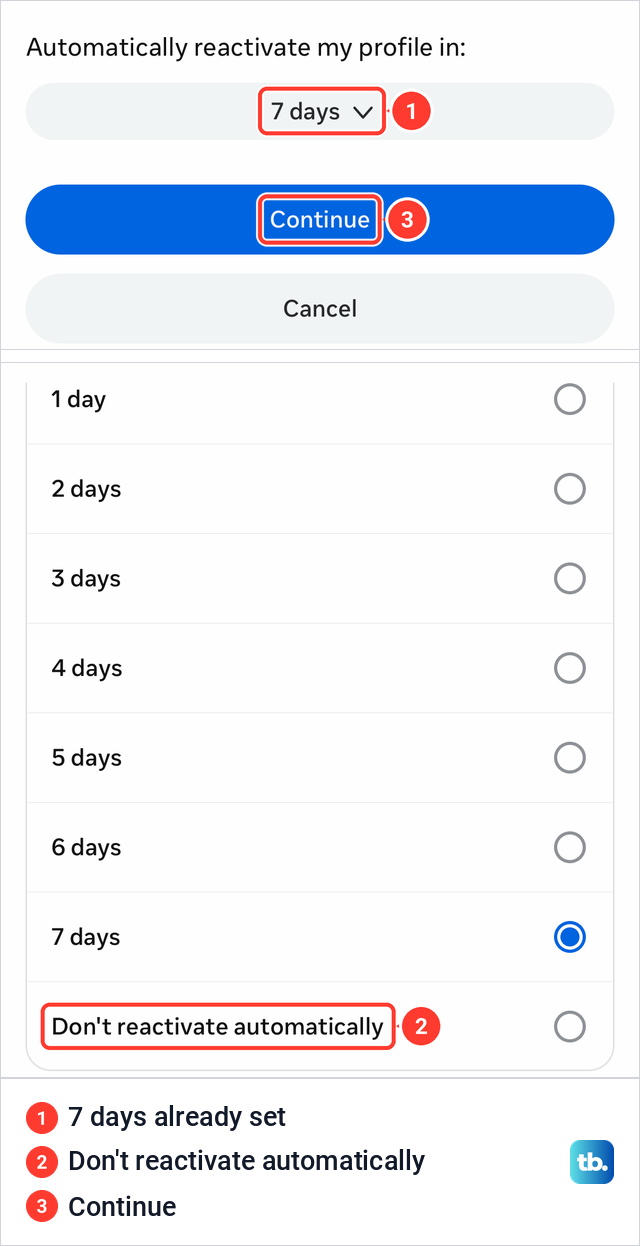 Facebook's automatic reactivation setting set to 7 days, and the menu with 1 to 7 days and Don't reactivate automatically.