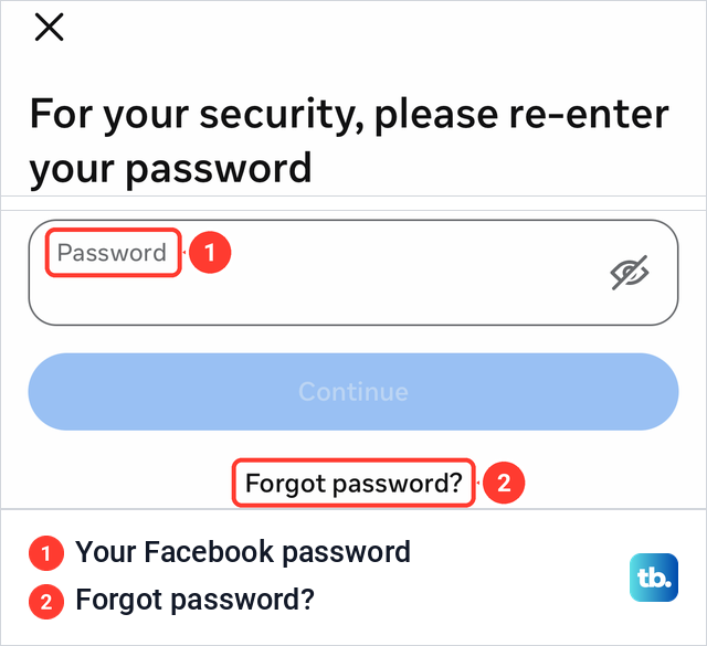 Facebook's For your security, please re-enter your password screen with a Password field and Forgot password link.