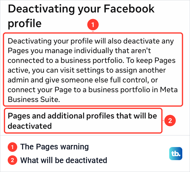 Facebook's warning that deactivating your profile also deactivates Pages you manage individually.