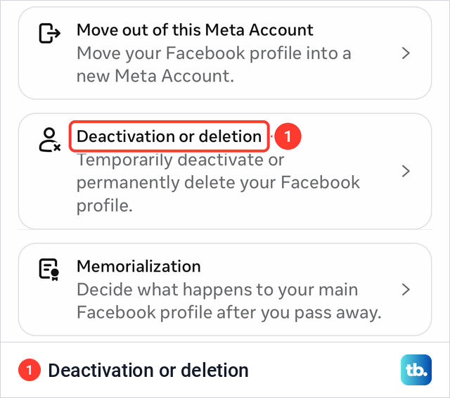 The Facebook profile screen in Meta Account with Move out, Deactivation or deletion and Memorialization rows.