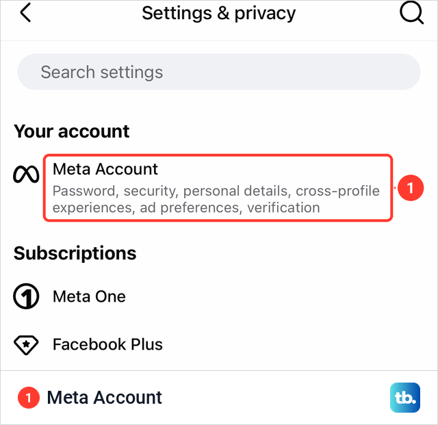 Facebook Settings and privacy on an iPhone with Meta Account as the first row under Your account.