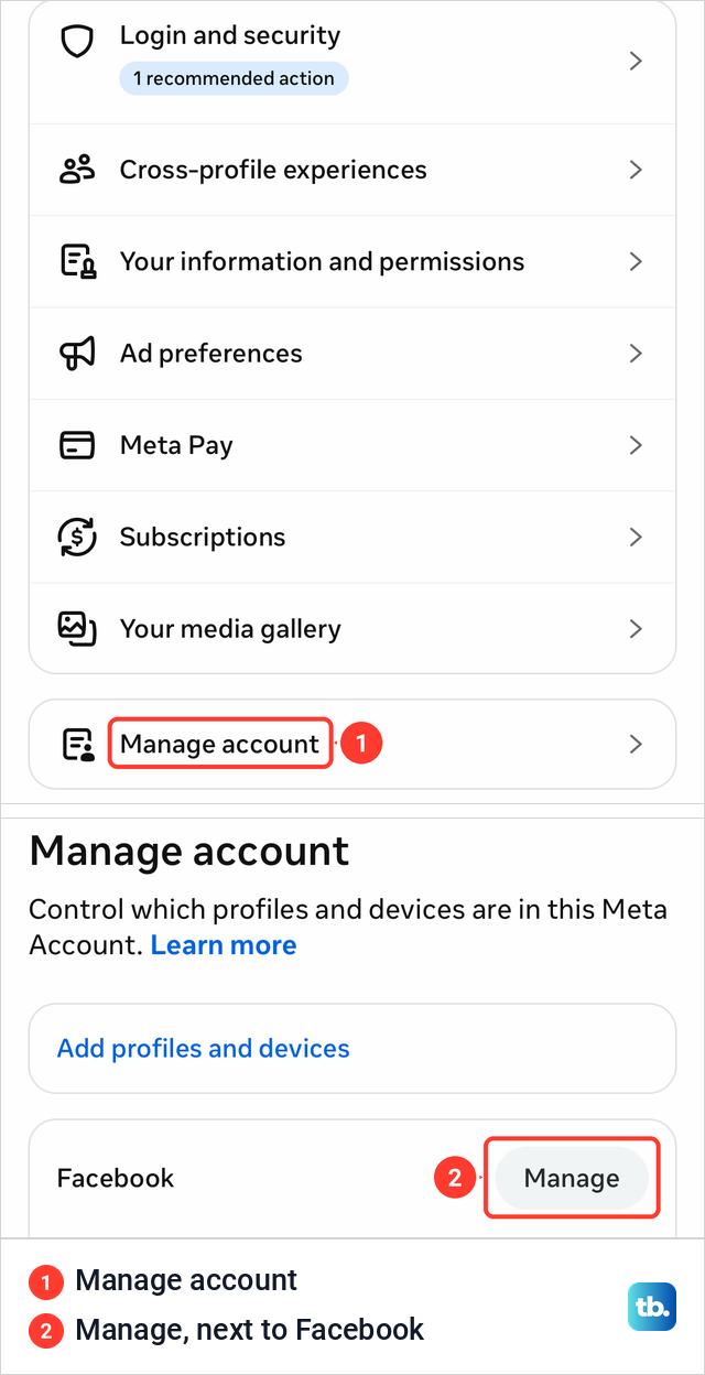 The Meta Account list in the Facebook app with Manage account at the bottom, and the Manage account screen with a Manage button next to Facebook.
