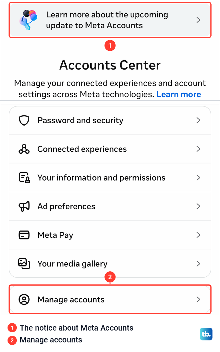 Instagram's Accounts Center hub with a notice about Meta Accounts at the top and Manage accounts at the bottom.