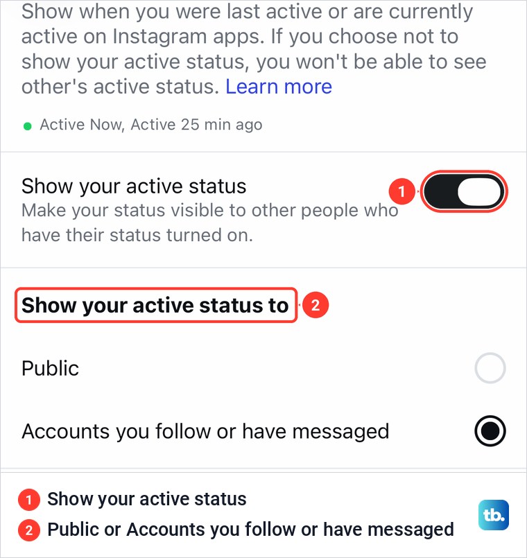 Instagram's Show activity status screen with the switch on and the choice between Public and Accounts you follow or have messaged.