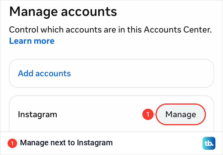 The Manage accounts screen in Instagram with the Manage button next to the Instagram profile highlighted.