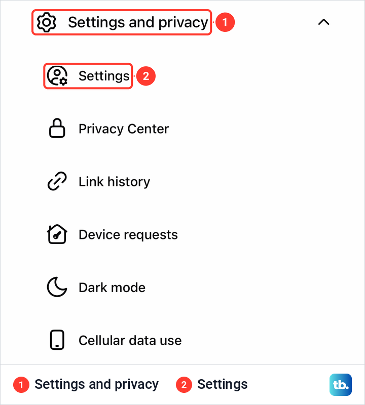 The Facebook app menu on iPhone with Settings and privacy expanded and Settings at the top of the list.