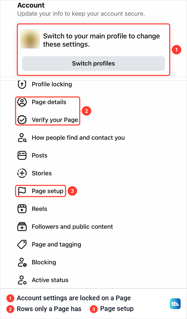A Facebook Page's Settings and privacy screen on iPhone with the locked Account box and Page-only rows.