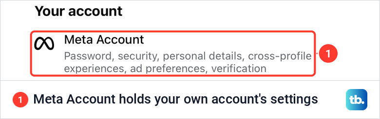 The main profile's Settings and privacy on iPhone with Meta Account at the top under Your account.