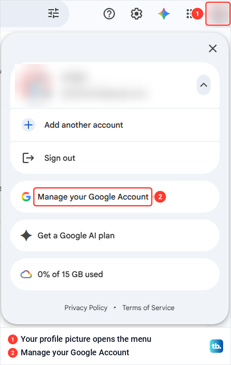 Gmail profile menu in Microsoft Edge with Manage your Google Account below Sign out.