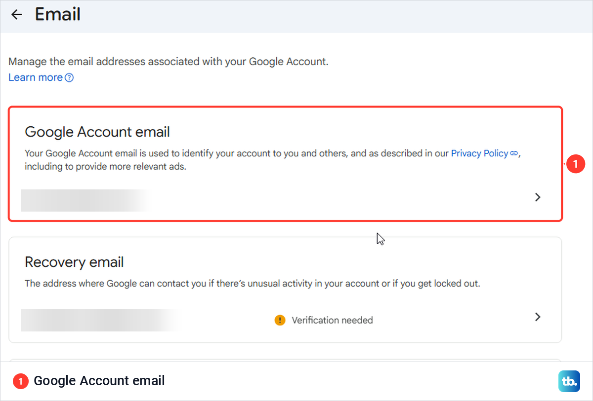 Google Account Email page with the Google Account email section at the top.