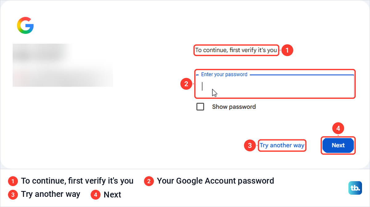Google sign-in page asking to verify it is you with a password box and a Next button.