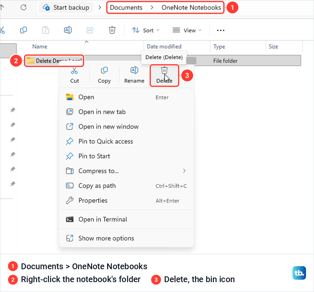File Explorer right-click menu on a OneNote notebook folder with the Delete bin icon.