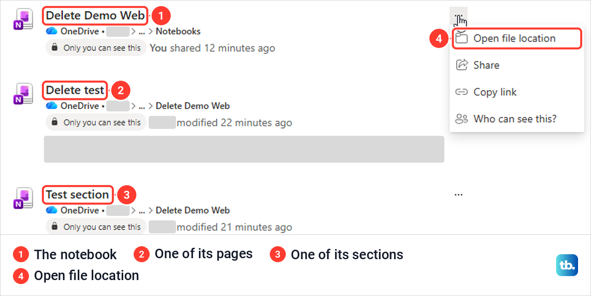 Microsoft 365 search results showing a OneNote notebook, its page and section, and Open file location.