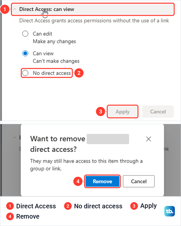 OneDrive Manage Access with Direct Access set to No direct access, and the Remove confirmation box.