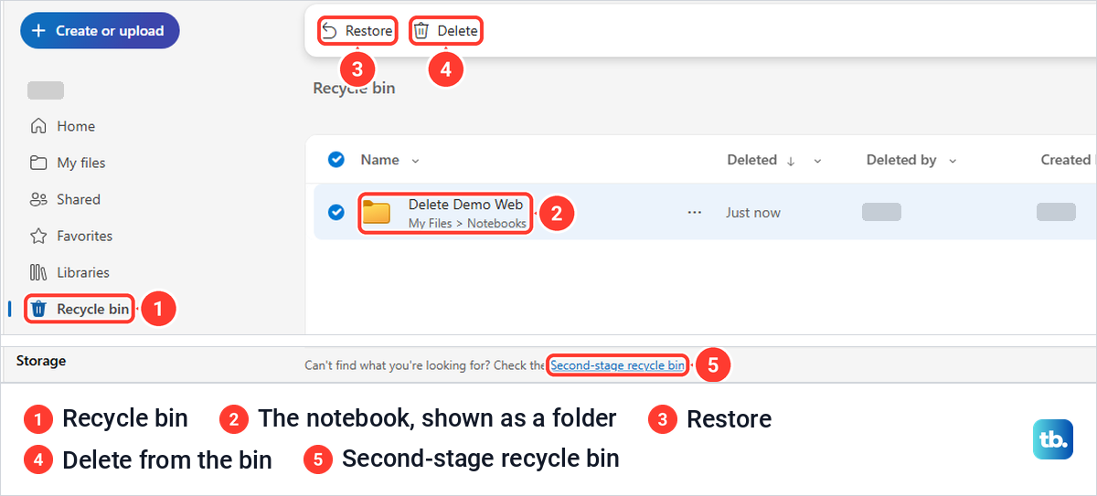 OneDrive Recycle bin with a deleted OneNote notebook selected and the Restore command on the bar.