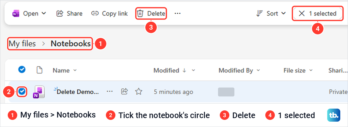 OneDrive on the web with a OneNote notebook ticked in the Notebooks folder and Delete on the bar.