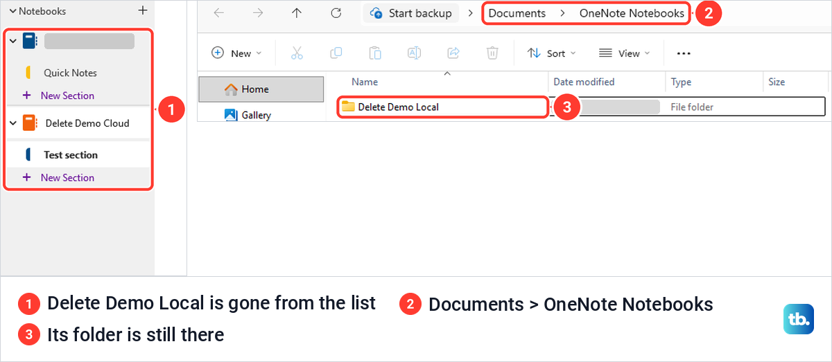 OneNote notebook list after Close This Notebook, and File Explorer still showing the notebook folder.