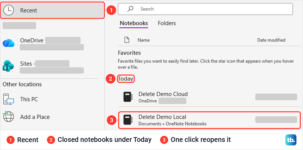 OneNote File Open screen with Recent selected and closed notebooks listed under Today.