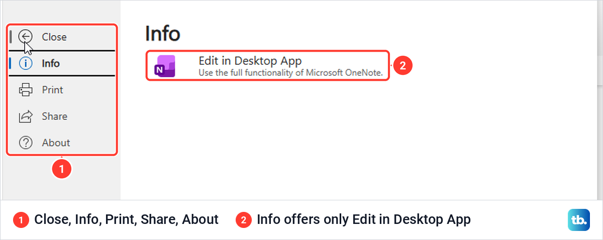 OneNote for the web File tab with Close, Info, Print, Share and About and no Delete.