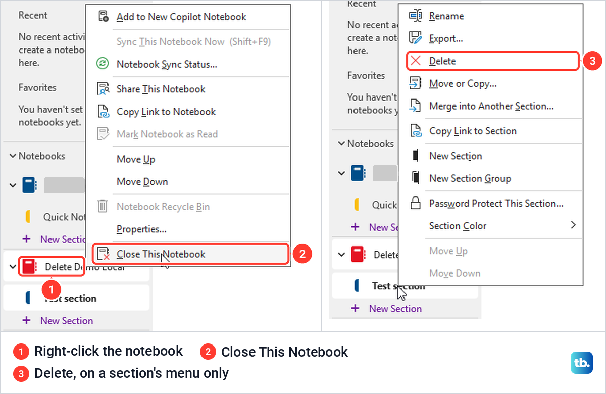 OneNote notebook right-click menu ending in Close This Notebook, beside a section menu with Delete.