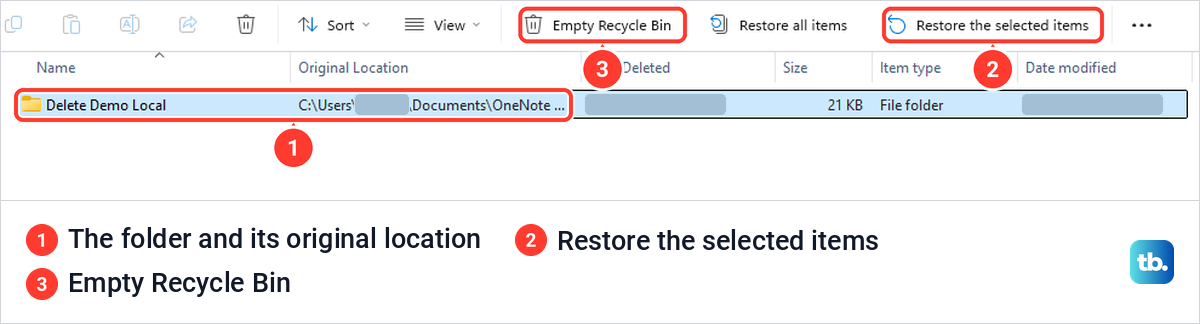 Windows Recycle Bin with a OneNote notebook folder selected and Restore the selected items.