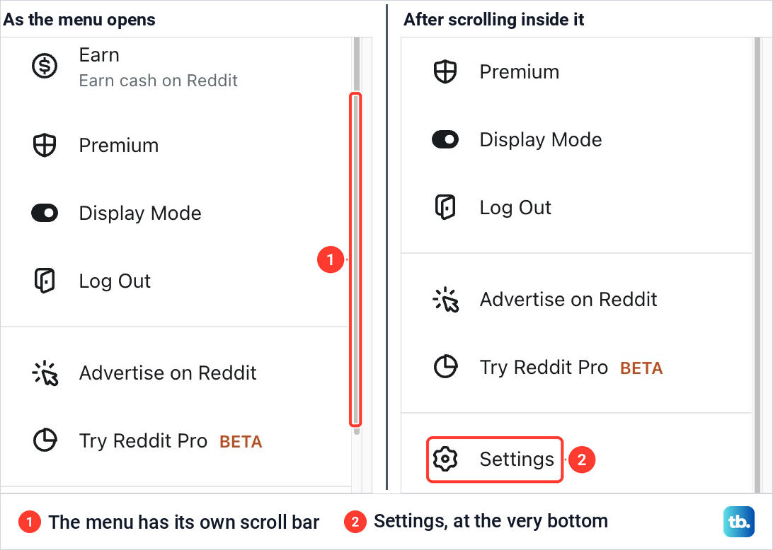 Two views of the Reddit avatar menu, first ending at Try Reddit Pro and then scrolled to show Settings at the bottom.