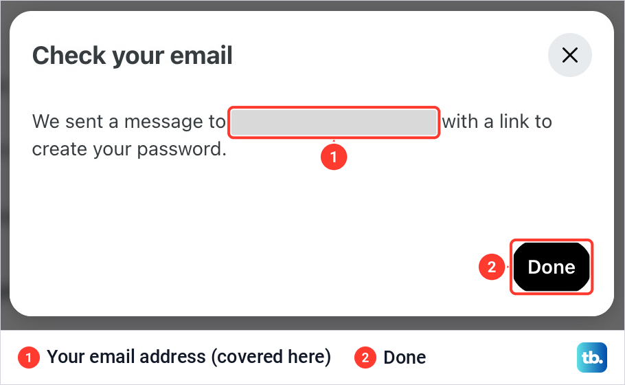 Reddit Check your email box saying a link to create a password was sent, with the email address covered.
