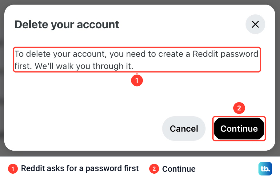 Reddit box titled Delete your account saying a Reddit password must be created first, with Cancel and Continue.