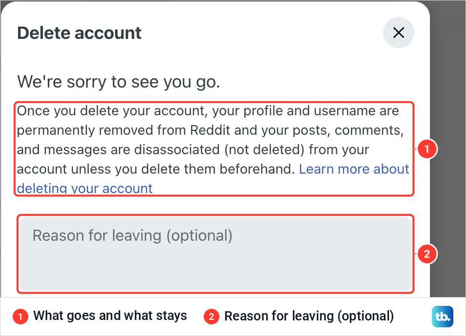 Top of the Reddit Delete account form explaining that posts, comments and messages are disassociated, not deleted.