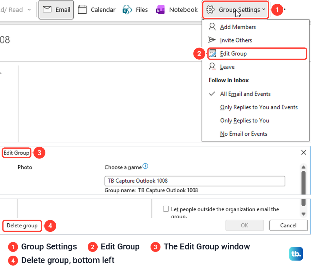 Classic Outlook Group Settings menu with Edit Group marked, above the top and bottom of the Edit Group window with its Delete group button.