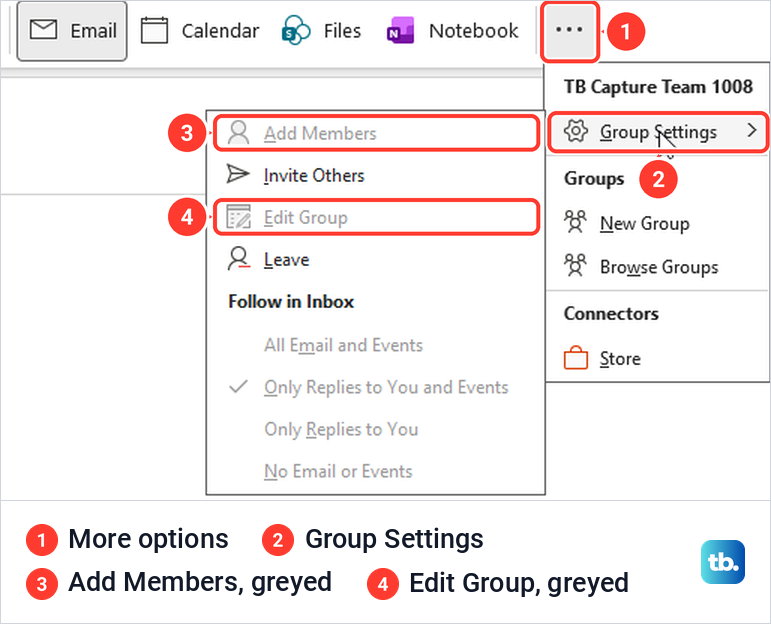 Classic Outlook group menu for a member, with Add Members and Edit Group greyed out under Group Settings.