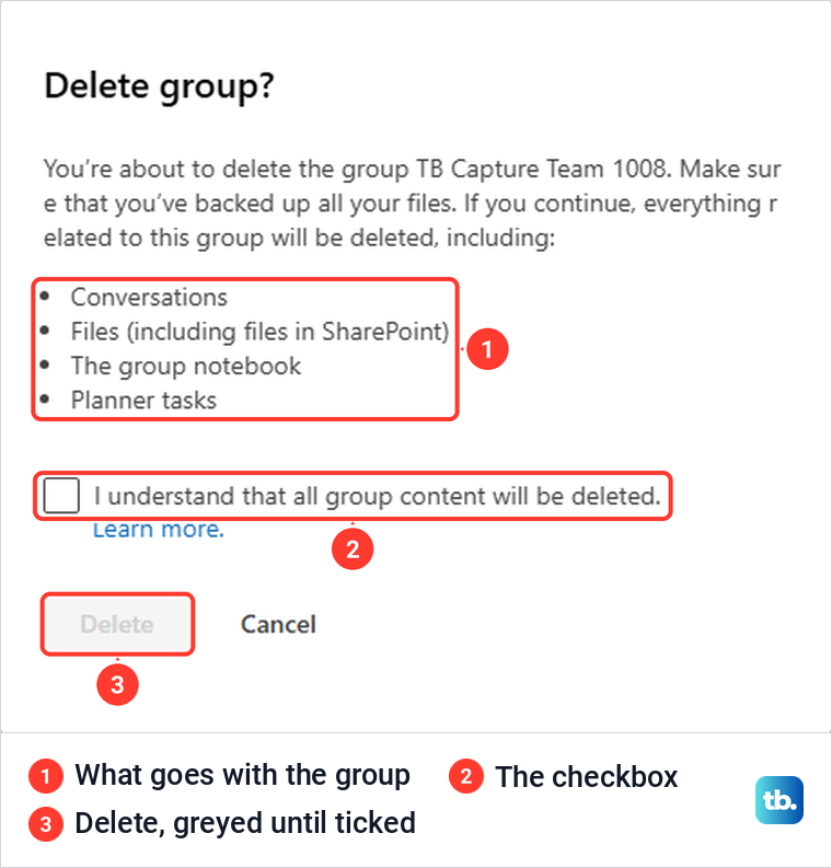 Outlook on the web Delete group confirmation listing conversations, files, the group notebook and Planner tasks.