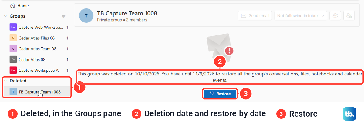 Outlook on the web Groups pane with a Deleted entry selected, a restore deadline message and a Restore button.