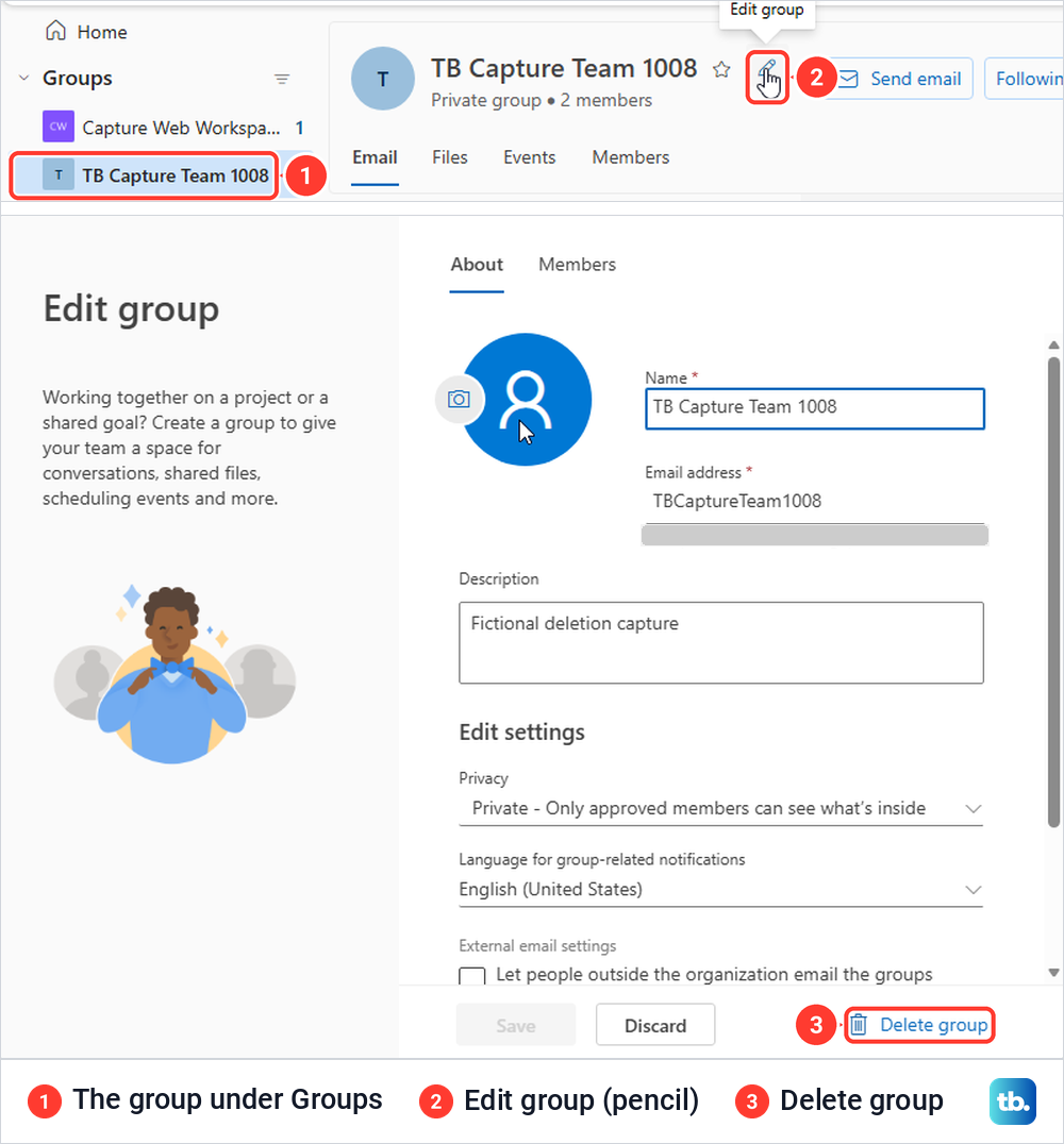 Outlook on the web group page with the Edit group pencil marked, above the Edit group window and its Delete group link.