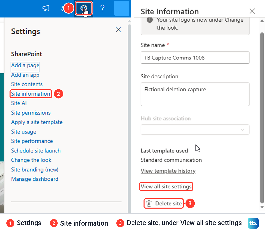 SharePoint Settings panel with Site information marked, beside the Site Information panel scrolled down to Delete site.