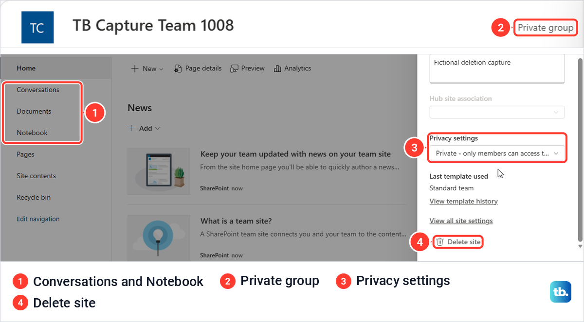 A SharePoint team site with Conversations and Notebook in its navigation, Private group in the header and the Site Information panel open.