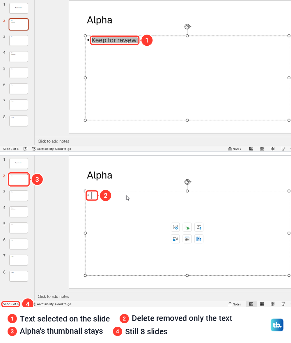PowerPoint slide with its text selected, then the same slide with the text gone but the slide kept.