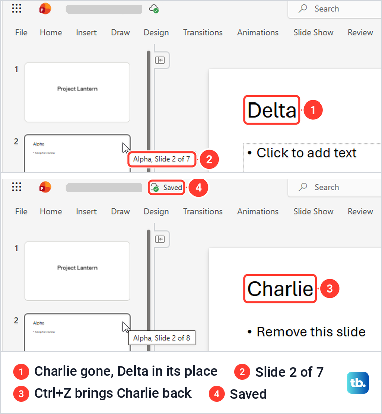 PowerPoint for the web after a slide was removed, then after Ctrl+Z restored it and the file showed Saved.