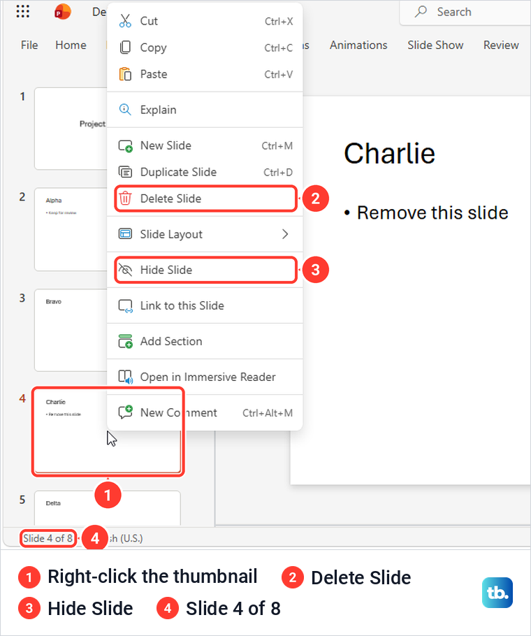 PowerPoint for the web thumbnail menu with Delete Slide and Hide Slide for the selected slide.