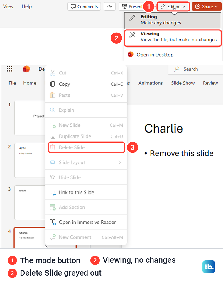 PowerPoint for the web mode menu with Viewing, and the thumbnail menu with Delete Slide greyed out.