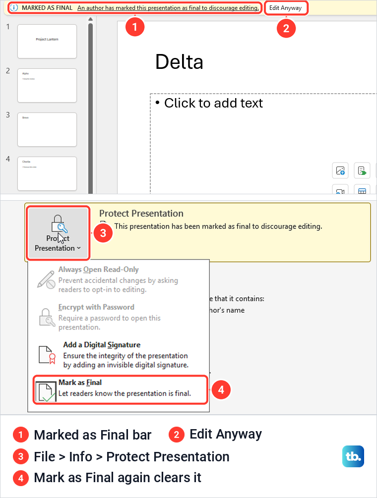PowerPoint Marked as Final bar with Edit Anyway, and the Protect Presentation menu with Mark as Final.