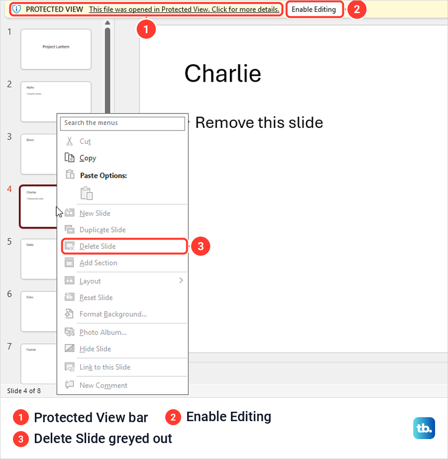 PowerPoint in Protected View with the Enable Editing button and Delete Slide greyed out in the menu.